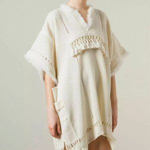 ISABEL MARANT Beige White Fringe Pom Pom Fur Tassel Poncho Mini Tunic Dress 38/6
